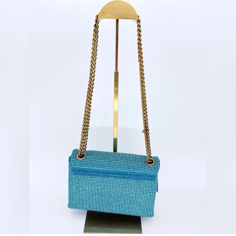 New 🆕 Kurt Geiger Turquoise Crystal Chain Shoulder Bag with Gold Hardware - Picture 3 of 10